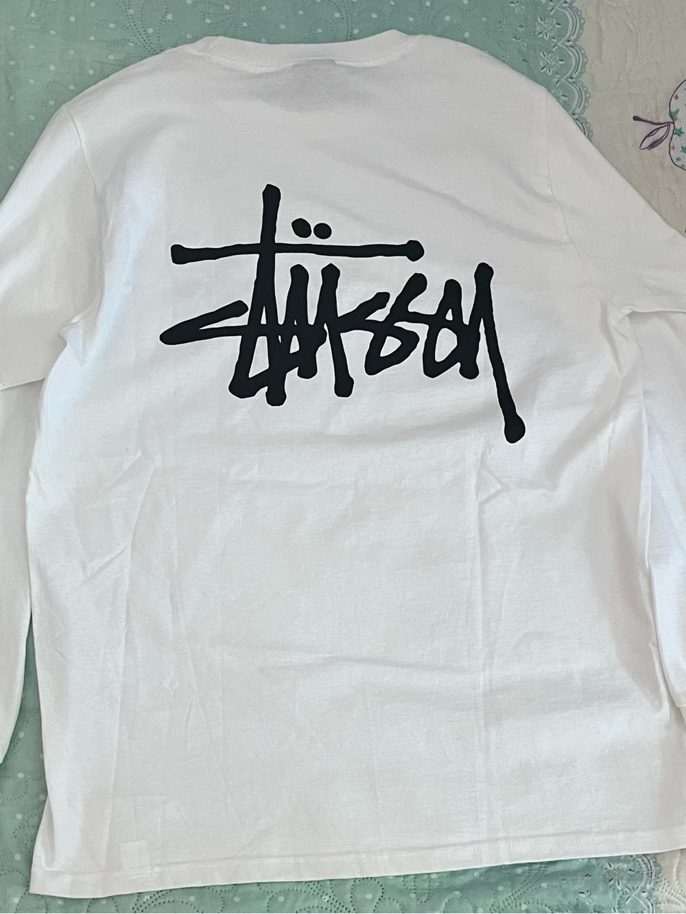 Stussy White Long Sleeve Tee with Black Basic Logo